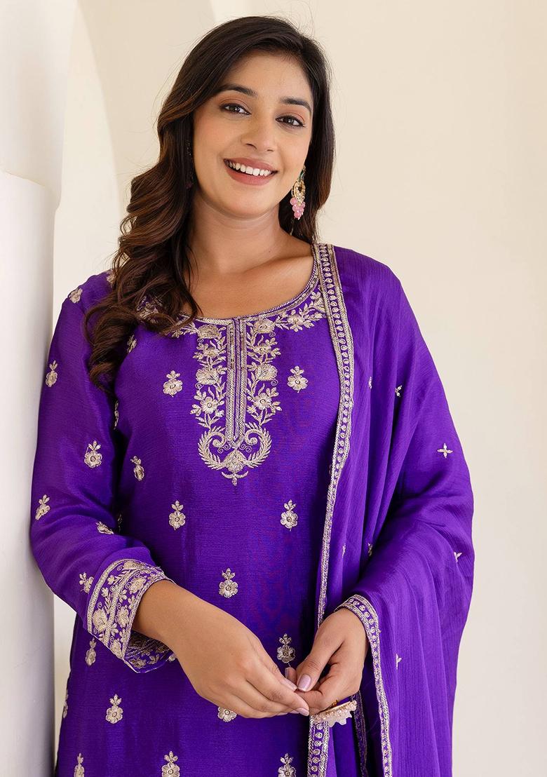 Violet Embroidered Georgette Kurta Set - Indya