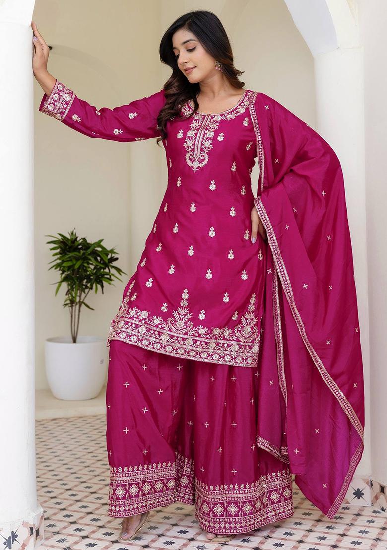 Pink Embroidered Georgette Kurta Set - Indya