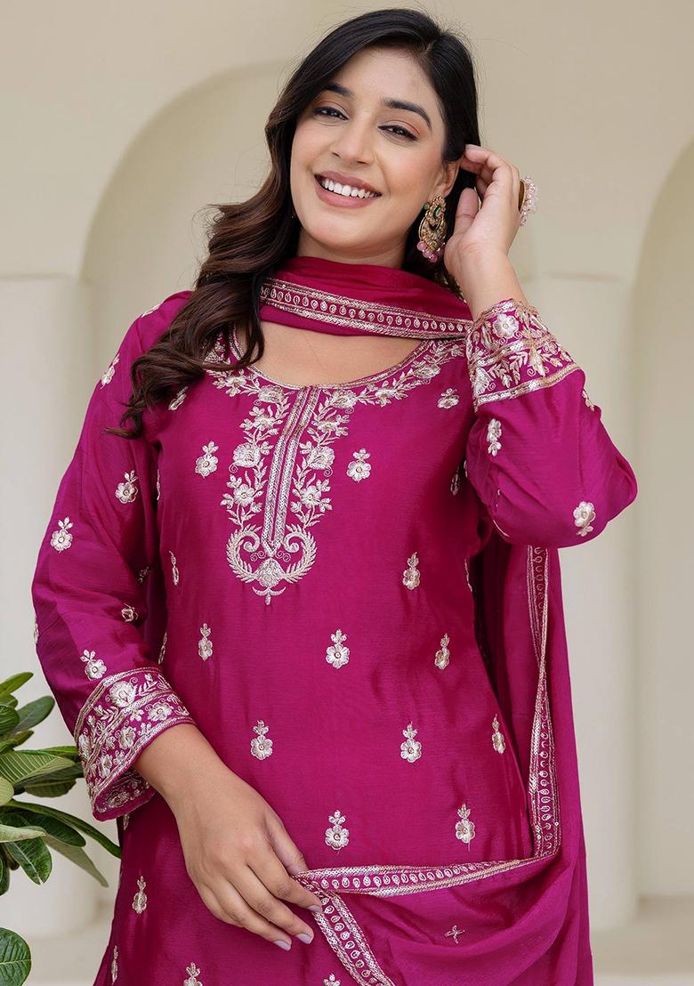 Pink Embroidered Georgette Kurta Set - Indya