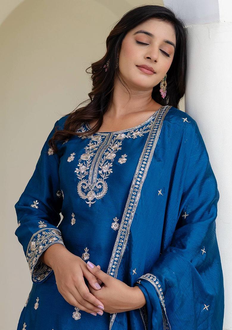 Rama Embroidered Georgette Kurta Set - Indya