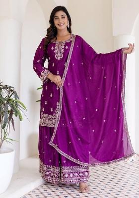 Wine Embroidered Georgette Kurta Set