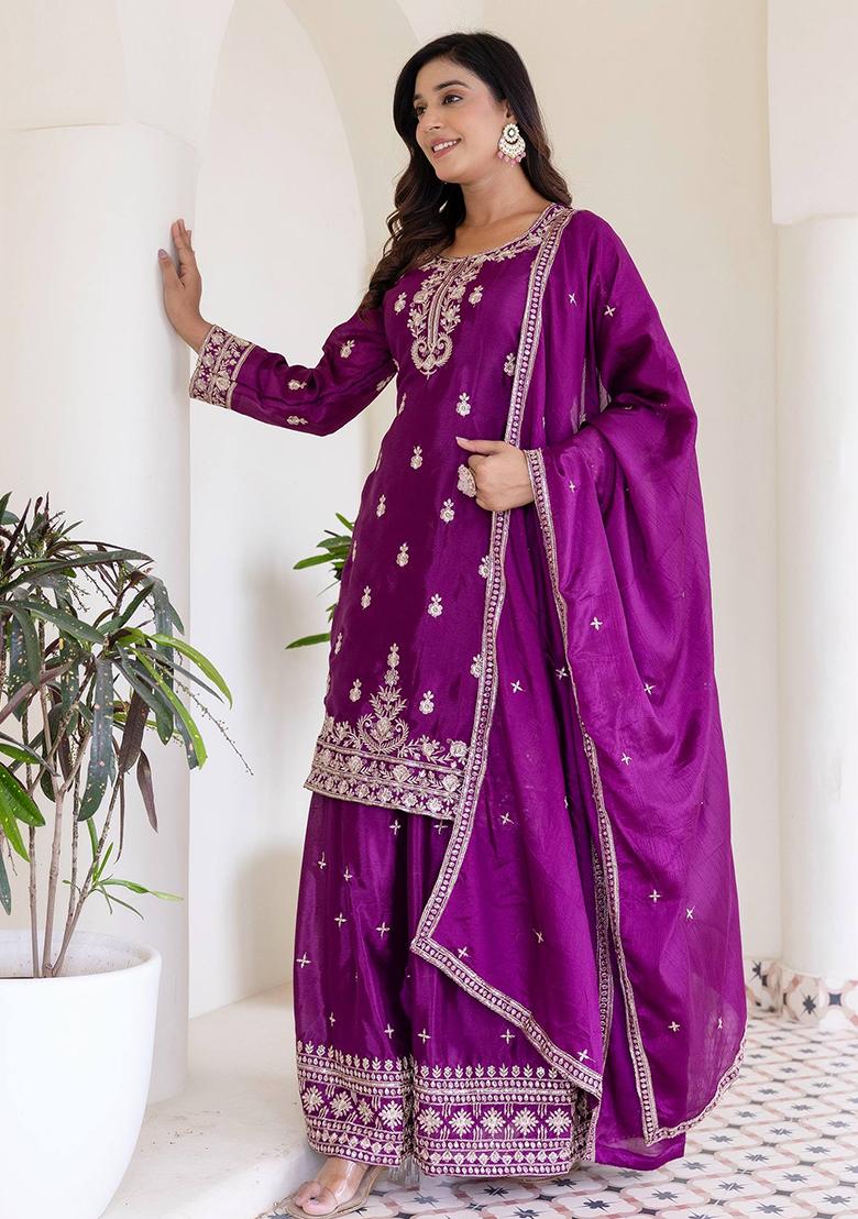 Wine Embroidered Georgette Kurta Set - Indya