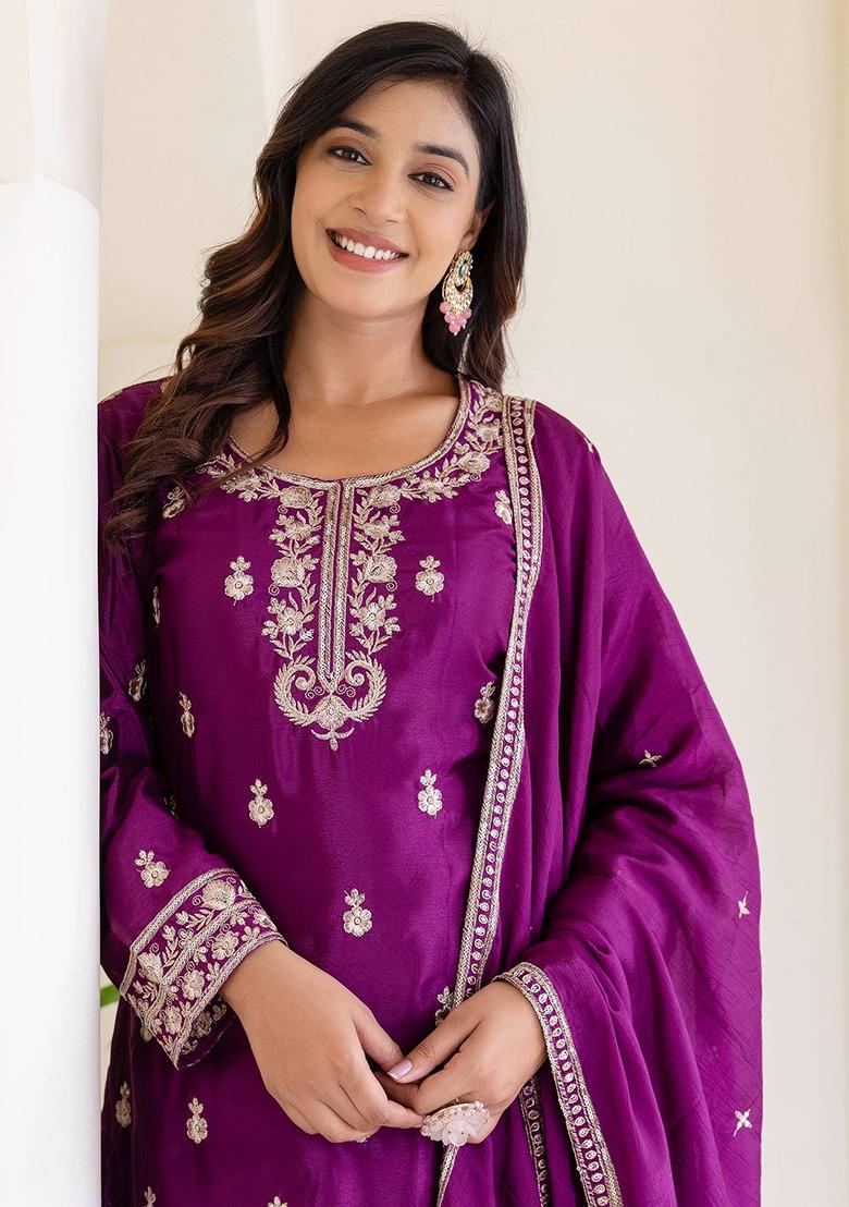Wine Embroidered Georgette Kurta Set - Indya
