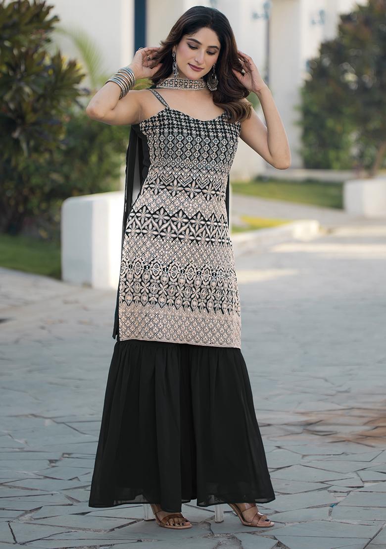 Black Embroidered Georgette Kurta Set - Indya