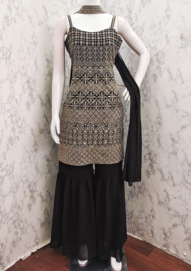 Black Embroidered Georgette Kurta Set - Indya