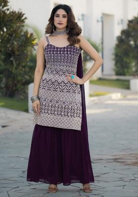 Wine Embroidered Georgette Kurta Set