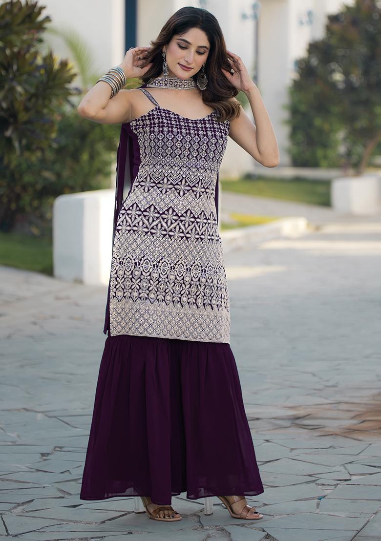 Wine Embroidered Georgette Kurta Set - Indya