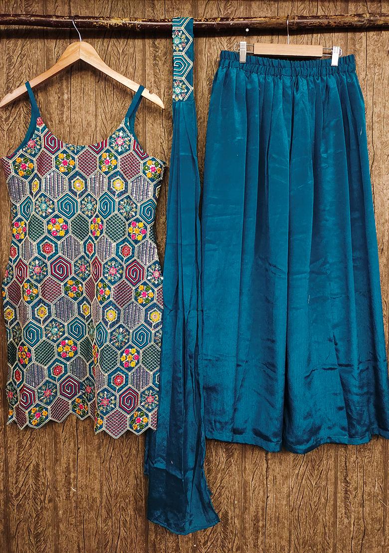 Blue Embroidered Georgette Kurta Set - Indya