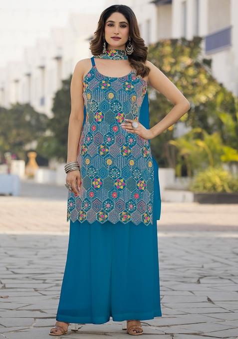 Blue Embroidered Georgette Kurta Set