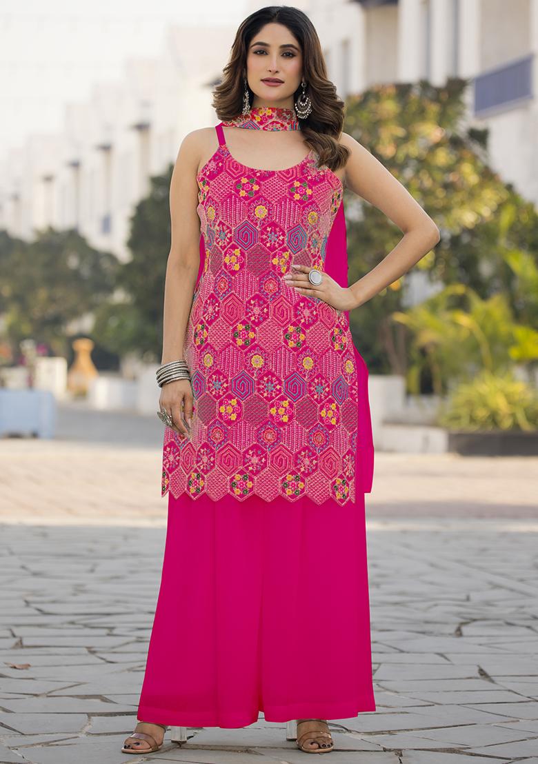 Pink Embroidered Georgette Kurta Set