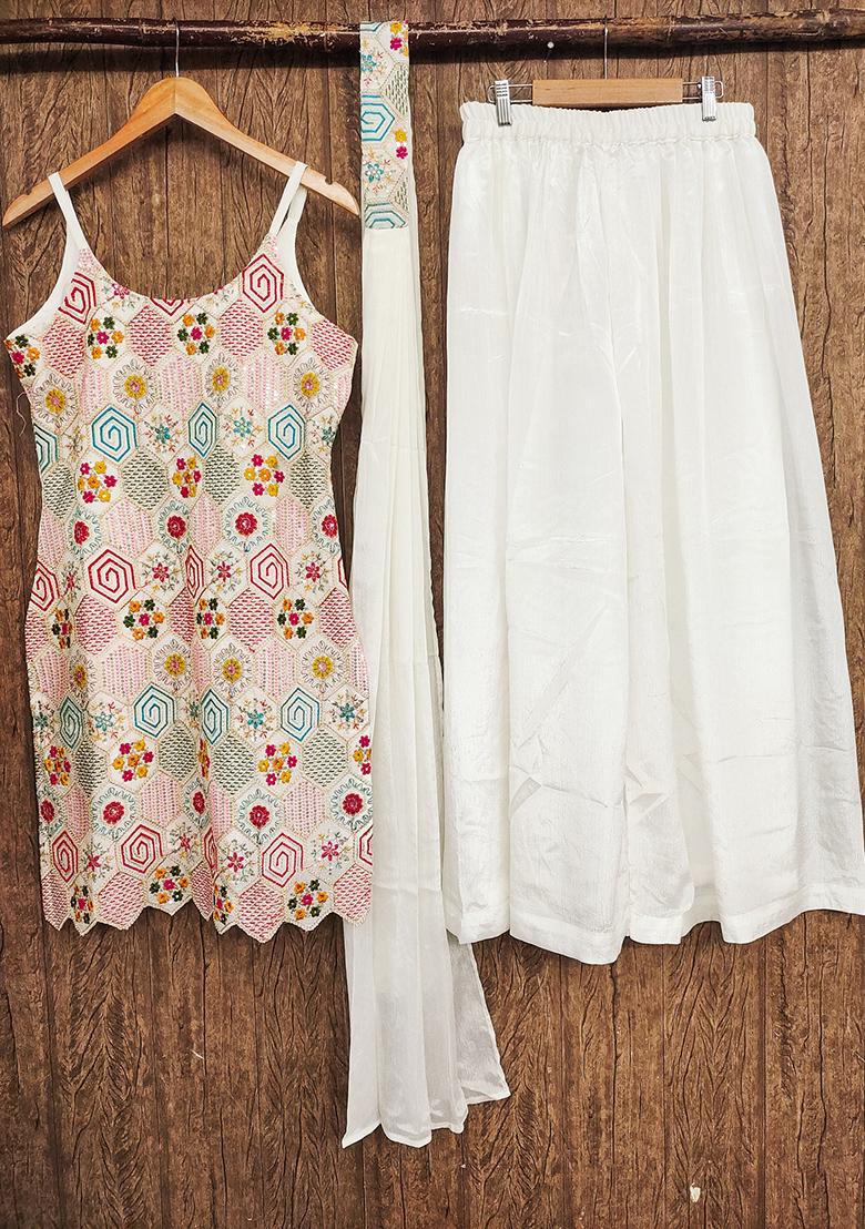 White Embroidered Georgette Kurta Set - Indya