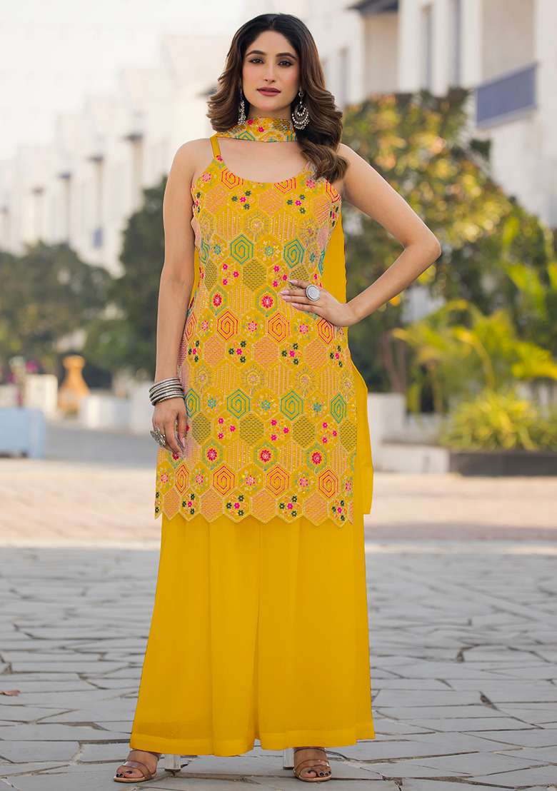 Yellow Embroidered Georgette Kurta Set - Indya