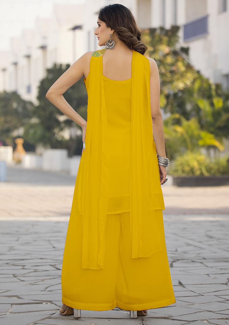Yellow Embroidered Georgette Kurta Set - Indya
