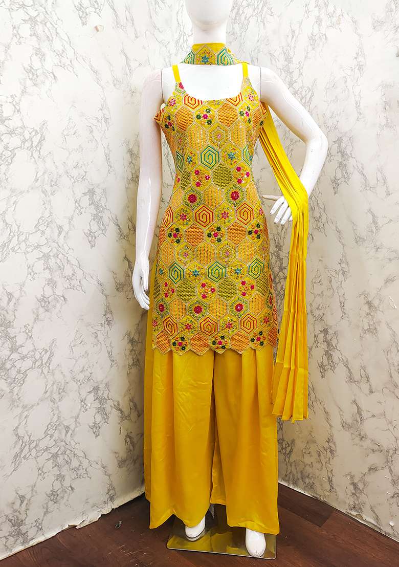 Yellow Embroidered Georgette Kurta Set - Indya