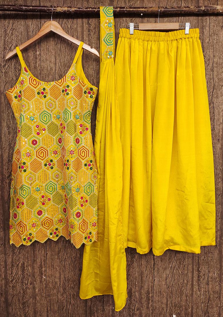 Yellow Embroidered Georgette Kurta Set - Indya
