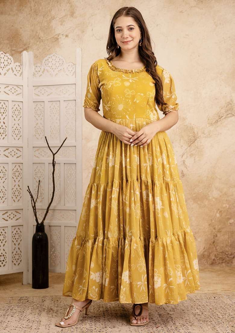 Mustard Printed Cotton Blended Kurta Set - Indya