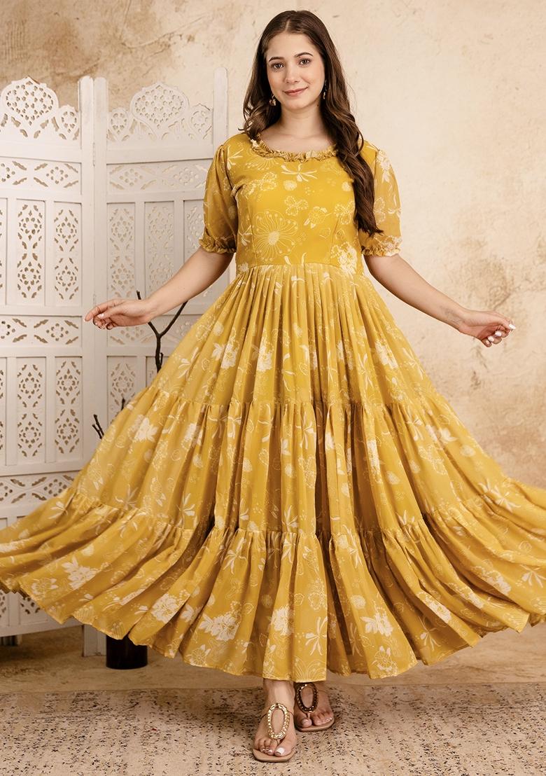 Mustard Printed Cotton Blended Kurta Set - Indya