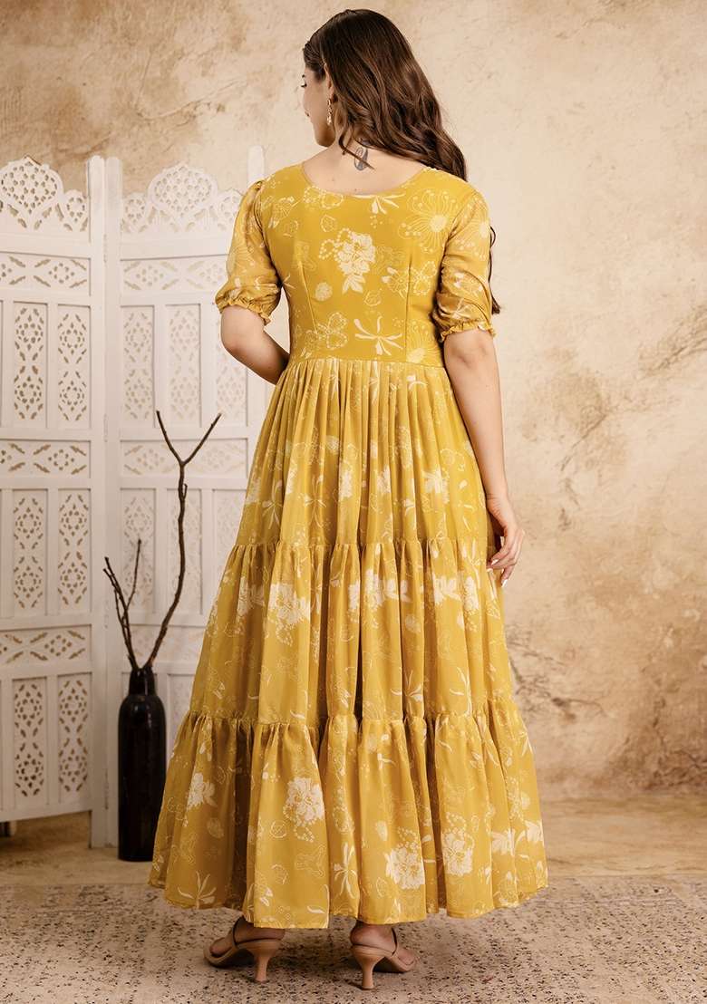 Mustard Printed Cotton Blended Kurta Set - Indya