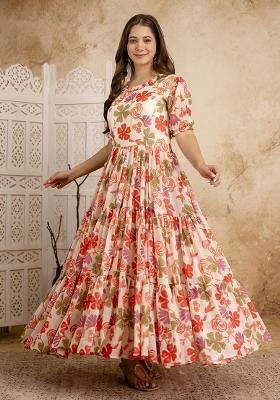 Cream Printed Cotton Blended Kurta Set