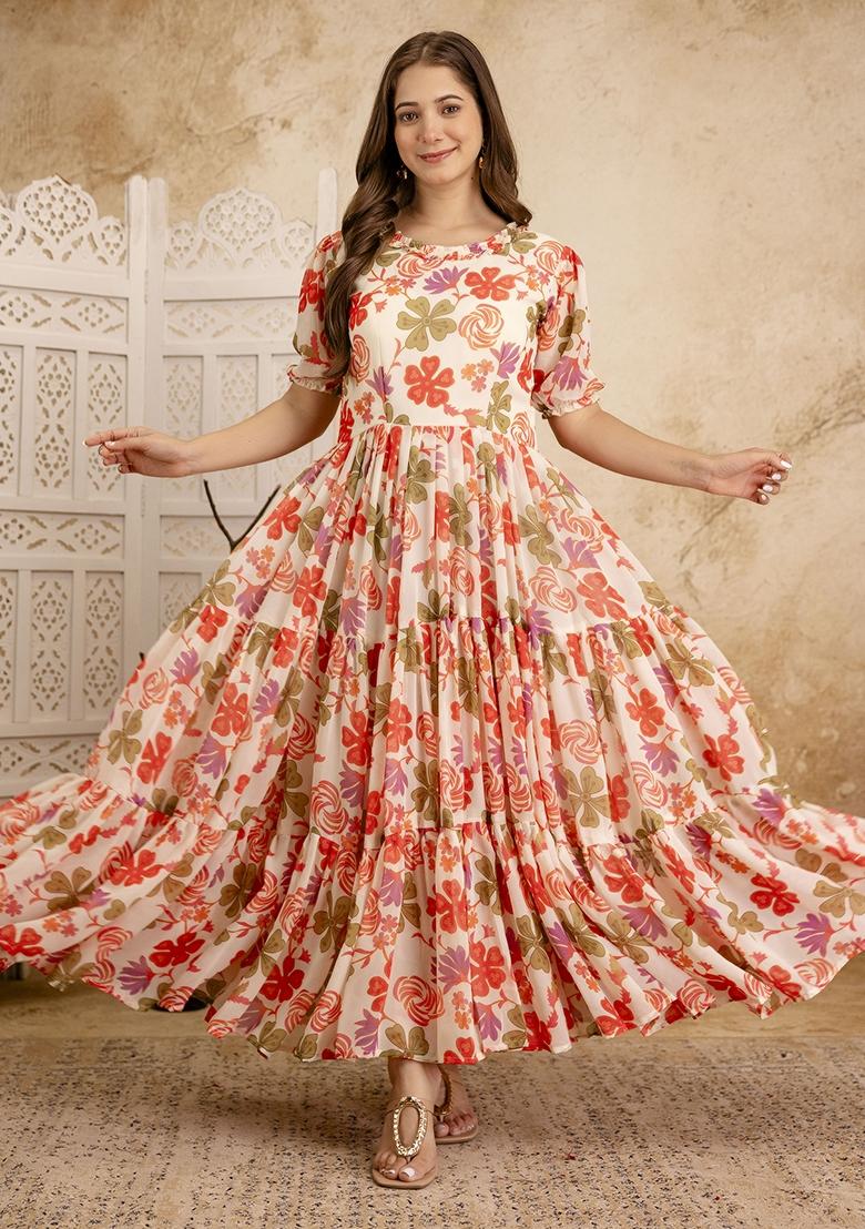 Cream Printed Cotton Blended Kurta Set - Indya