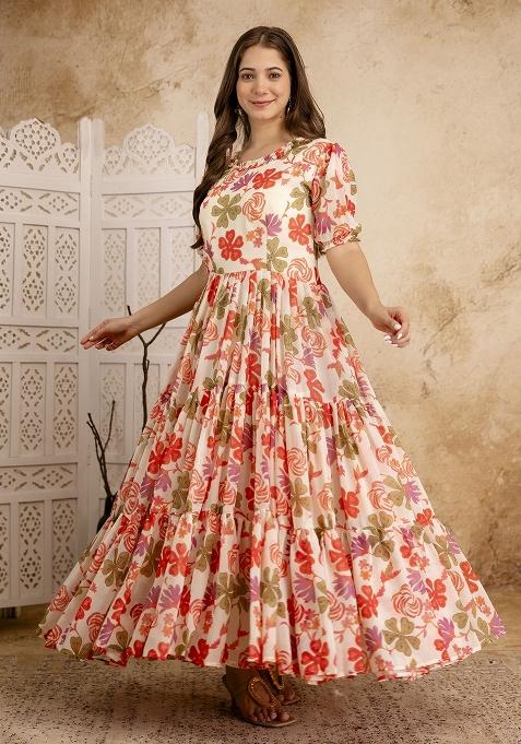 Cream Printed Cotton Blended Kurta Set