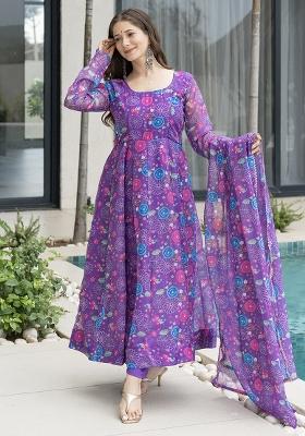 Purple Printed Cotton Blended Kurta Set