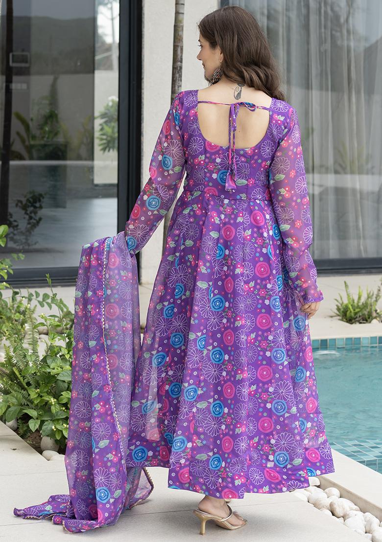 Purple Printed Cotton Blended Kurta Set - Indya