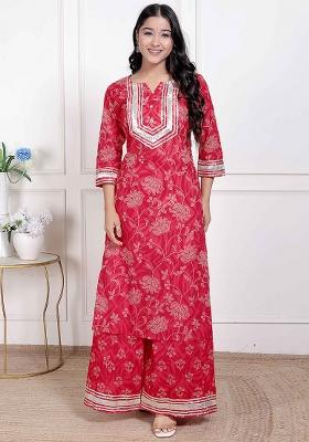 Red Gota Work Cotton Blend Kurta Set