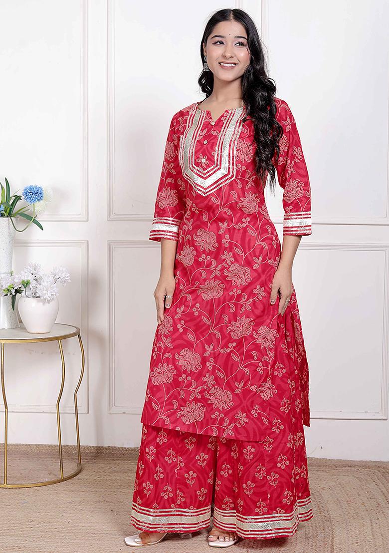 Red Gota Work Cotton Blend Kurta Set - Indya