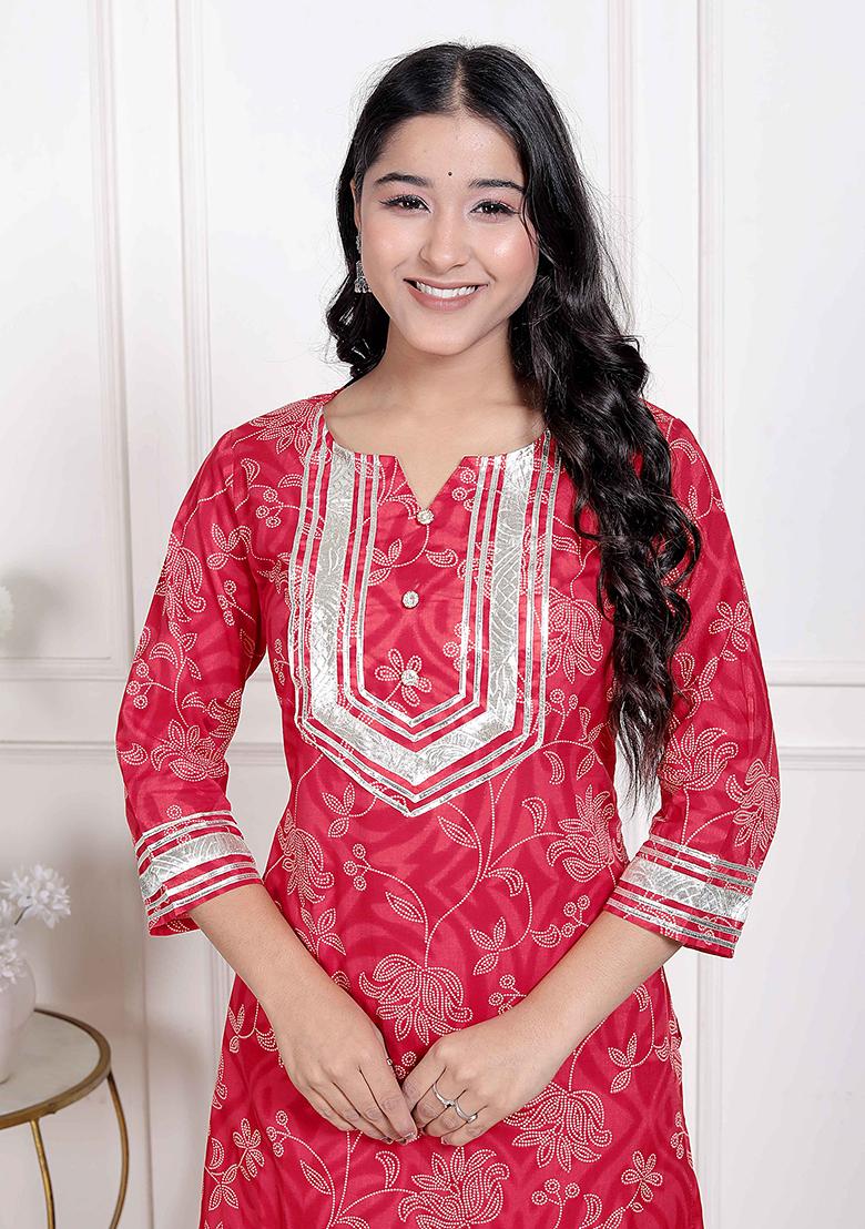 Red Gota Work Cotton Blend Kurta Set - Indya
