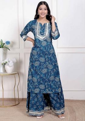 Blue Gota Work Cotton Blend Kurta Set