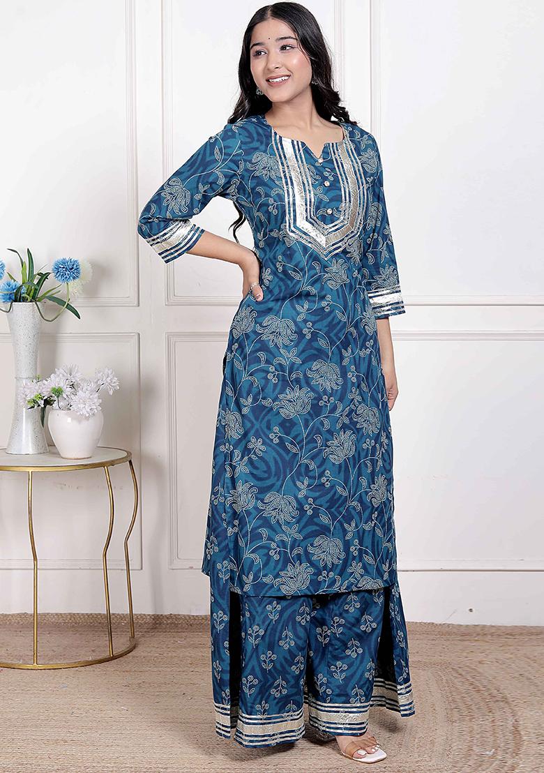 Blue Gota Work Cotton Blend Kurta Set - Indya