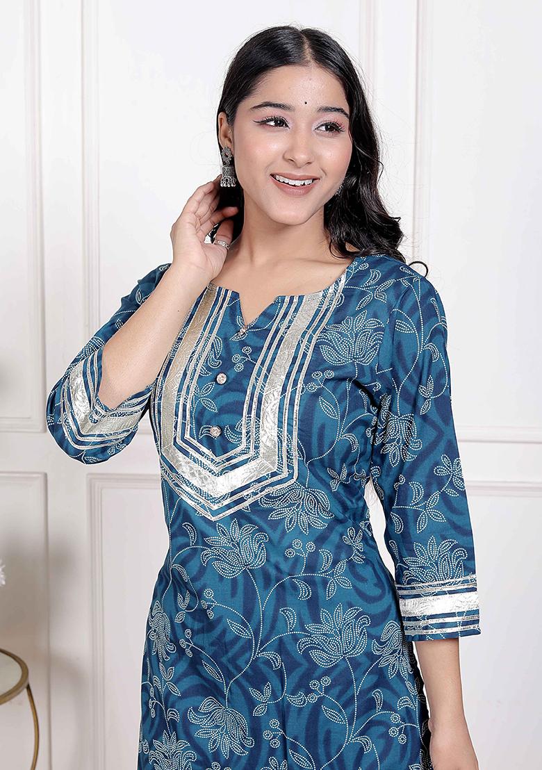 Blue Gota Work Cotton Blend Kurta Set - Indya