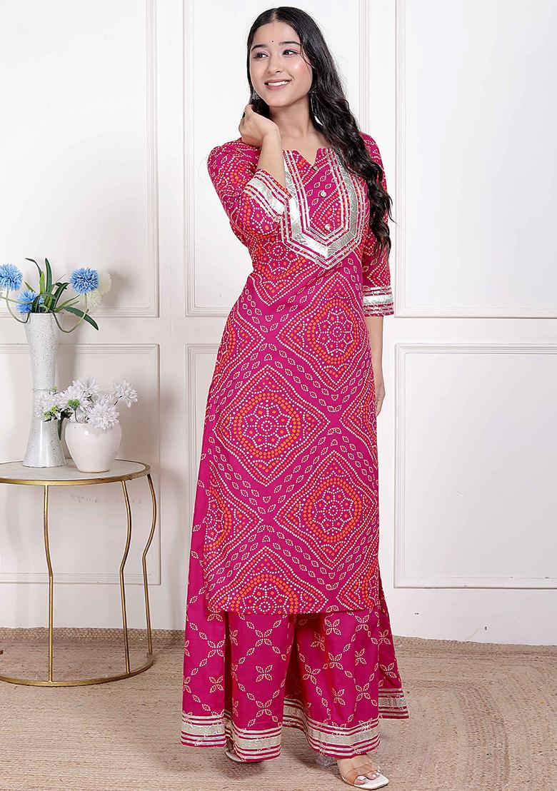 Pink Gota Work Cotton Blend Kurta Set - Indya