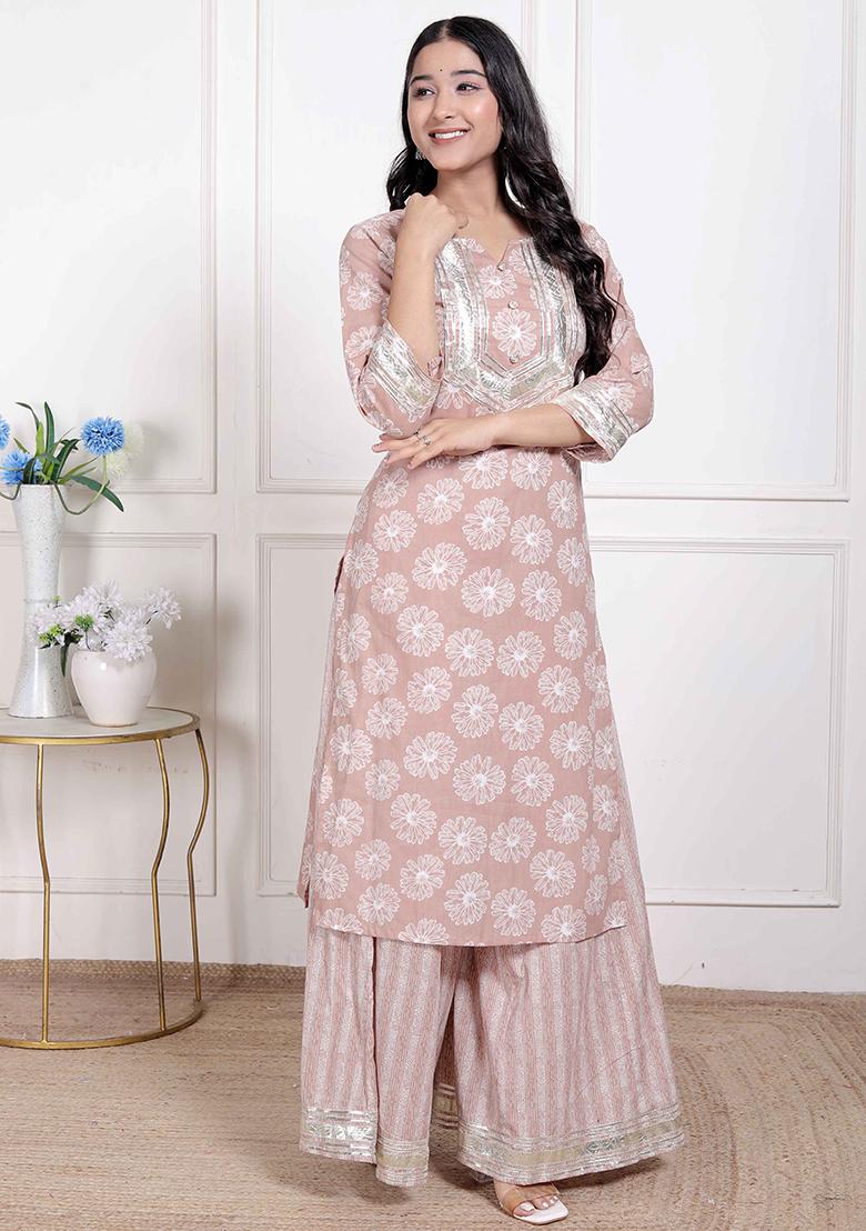 Brown Gota Work Cotton Blend Kurta Set - Indya