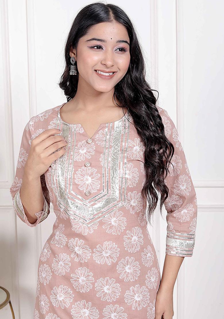 Brown Gota Work Cotton Blend Kurta Set - Indya