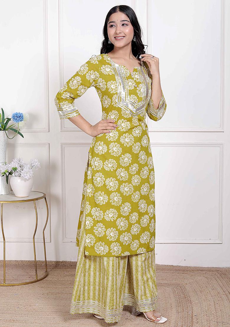 Yellow Gota Work Cotton Blend Kurta Set - Indya
