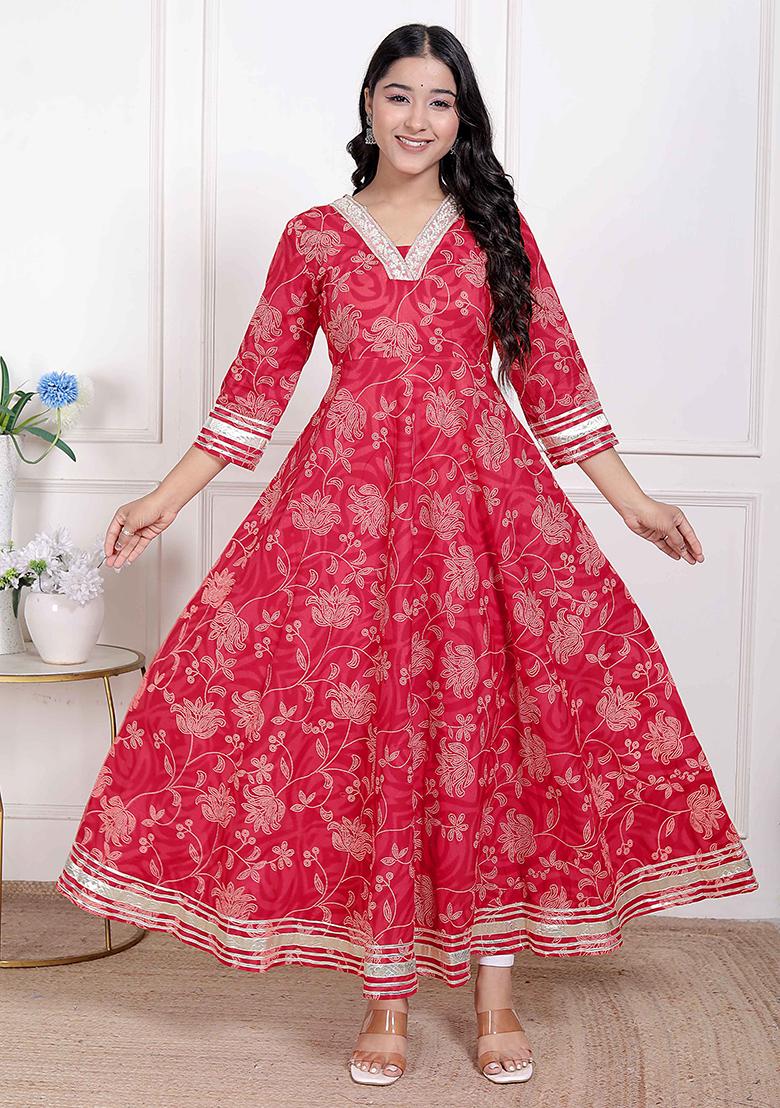Red Gota Work Cotton Blend Anarkali Kurta
