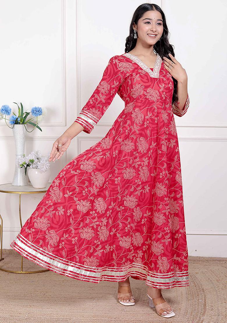 Red Gota Work Cotton Blend Anarkali Kurta - Indya