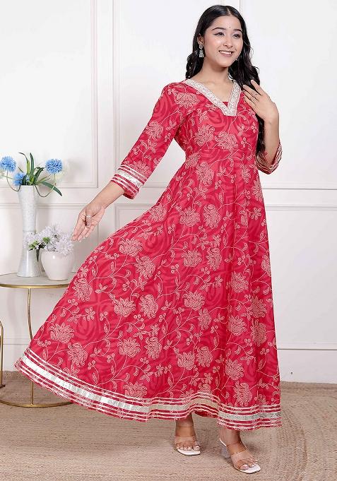 Red Gota Work Cotton Blend Anarkali Kurta