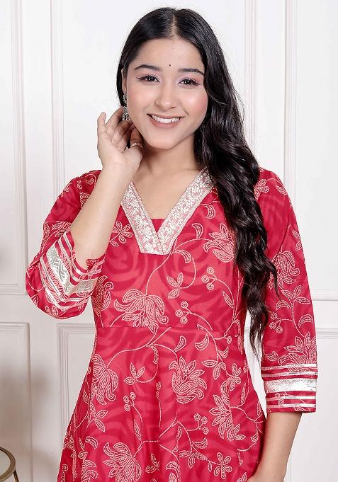 Red Gota Work Cotton Blend Anarkali Kurta