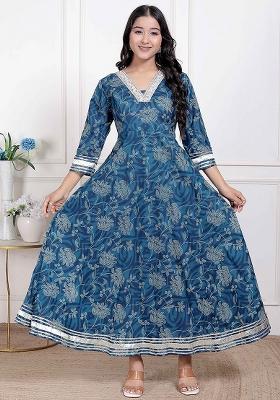 Blue Gota Work Cotton Blend Anarkali Kurta