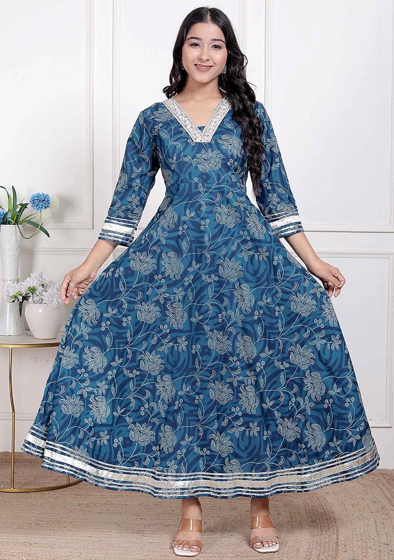 Blue Gota Work Cotton Blend Anarkali Kurta