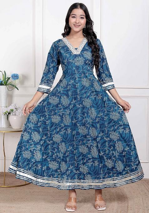 Blue Gota Work Cotton Blend Anarkali Kurta