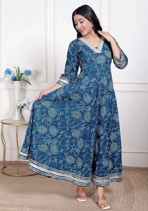 Blue Gota Work Cotton Blend Anarkali Kurta