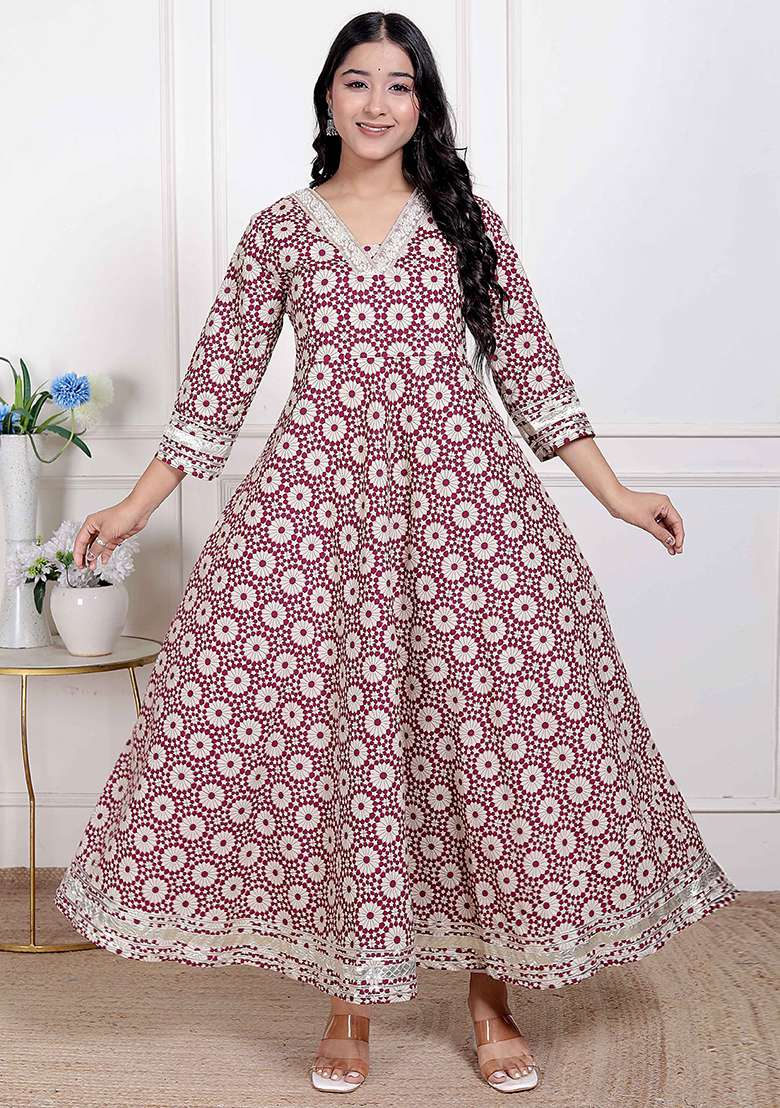 Cream Printed Cotton Kurta - Indya