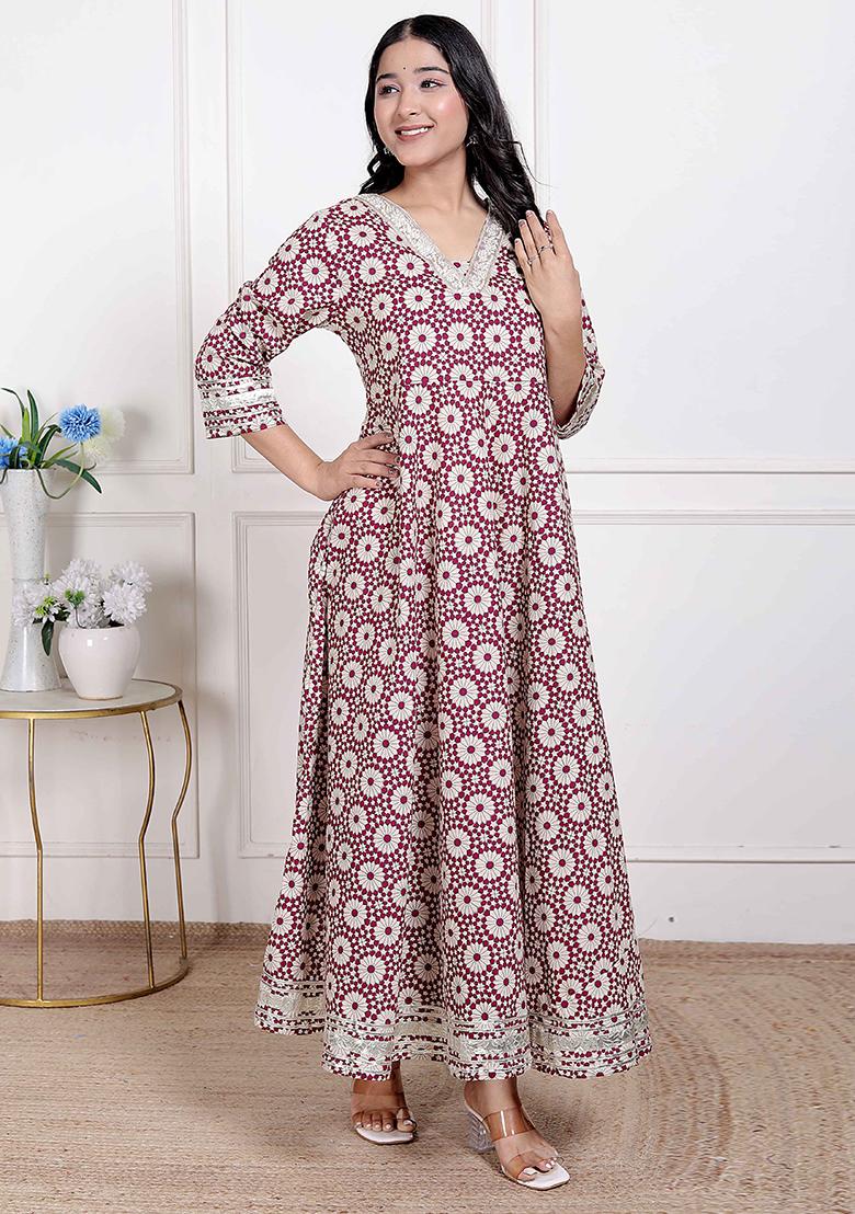 Cream Gota Work Cotton Blend Anarkali Kurta - Indya