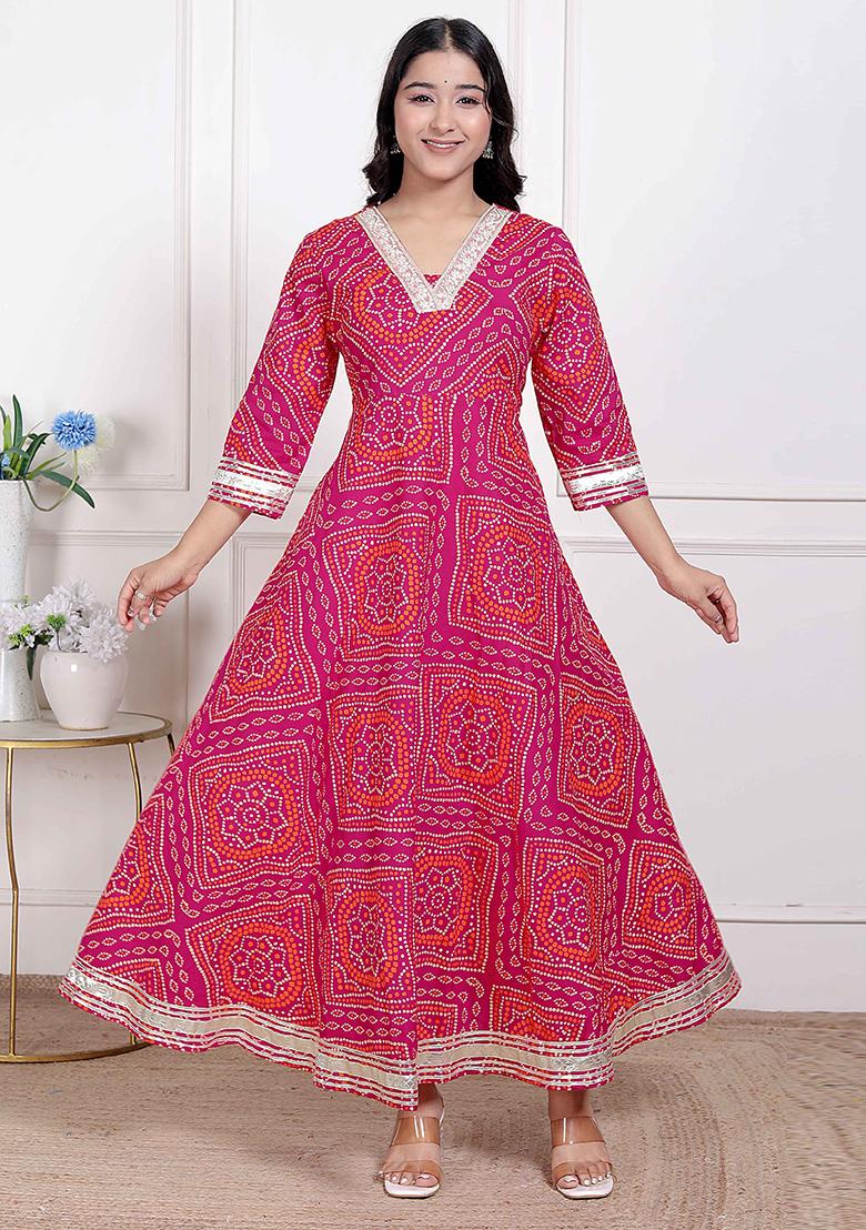 Pink Gota Work Cotton Blend Anarkali Kurta