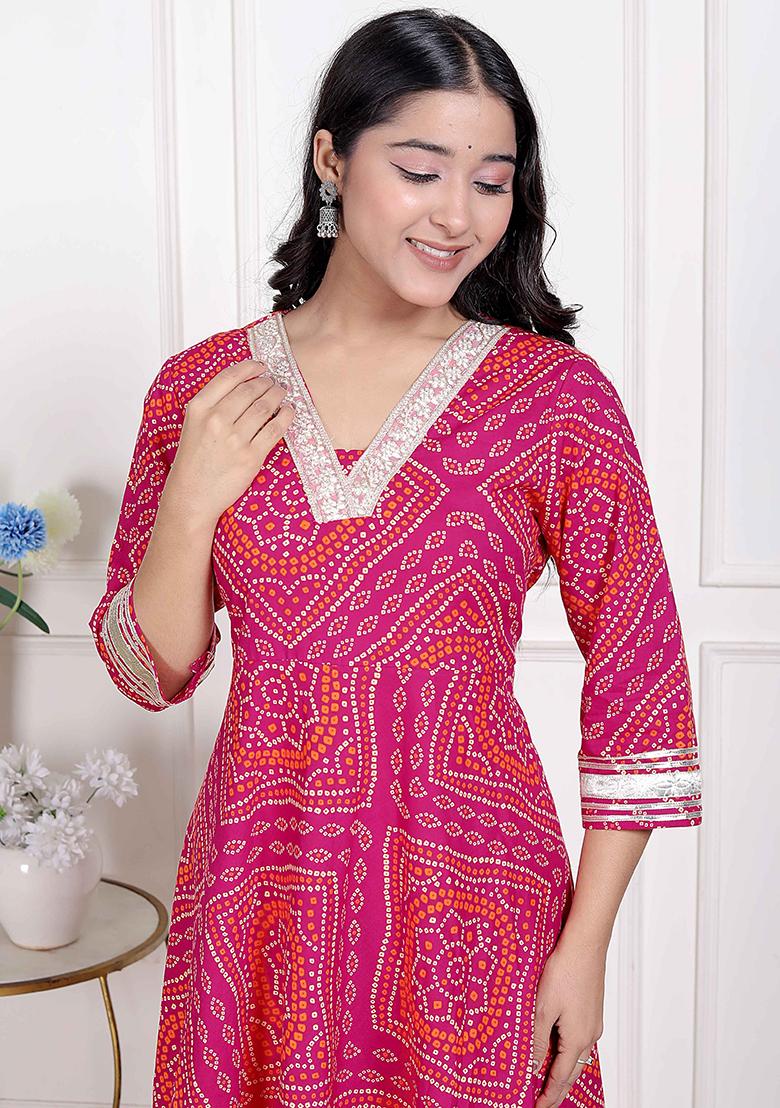 Pink Gota Work Cotton Blend Anarkali Kurta