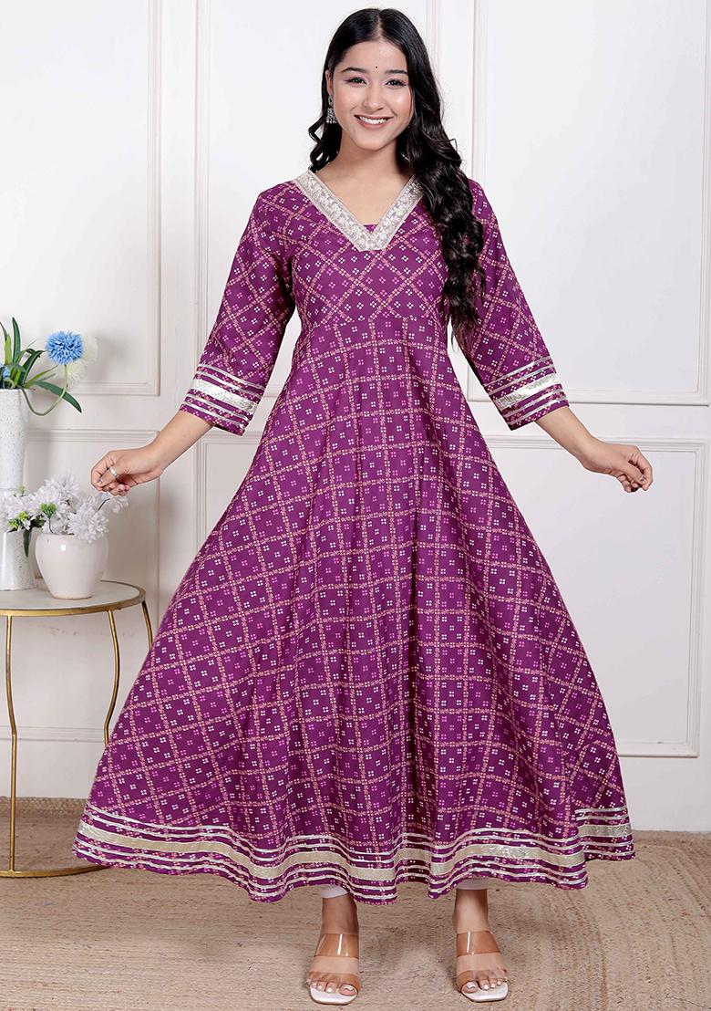 Magenta Gota Work Cotton Blend Anarkali Kurta